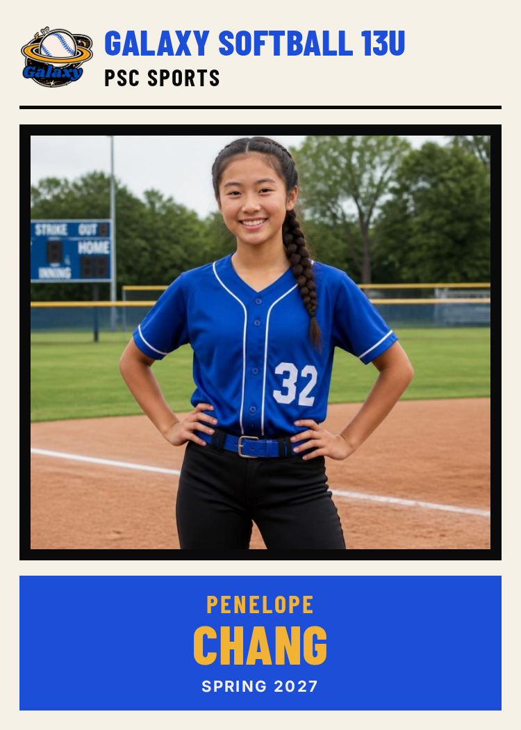 Galaxy Softball 13U trading card, Penelope Chang, Spring 2027